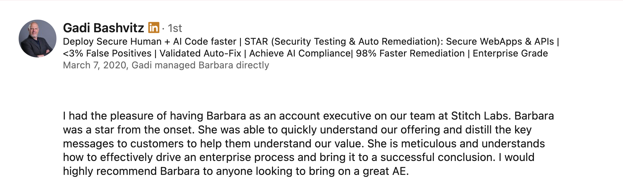 Gadi Bashvitz LinkedIn recommendation